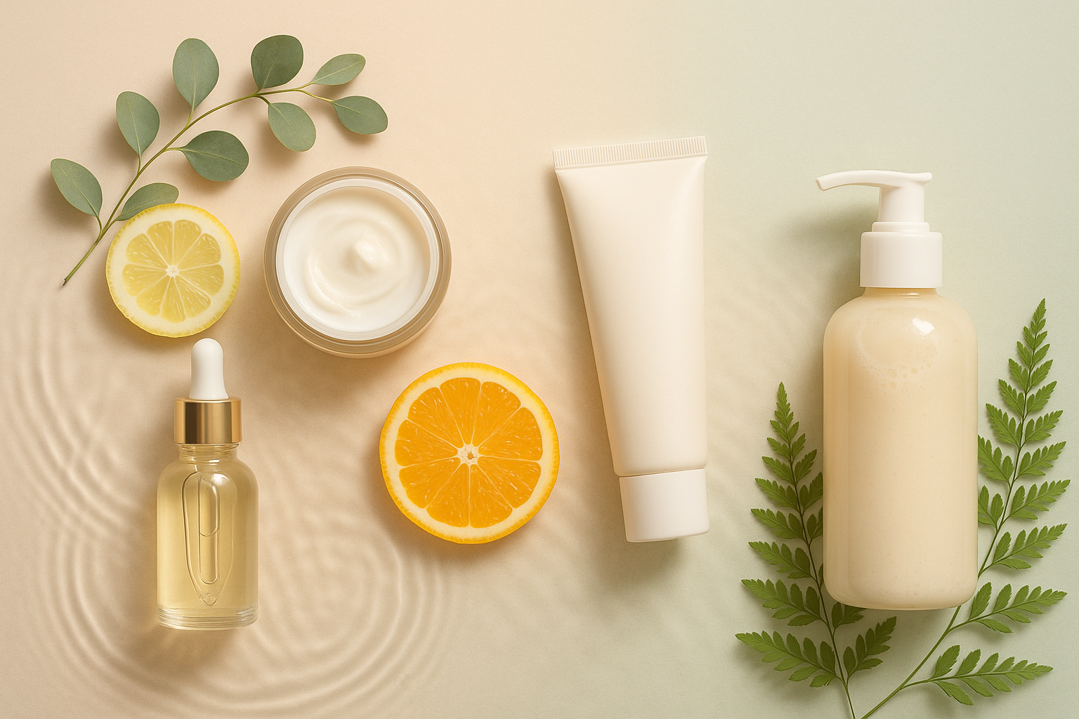 Elegant Korean-inspired skincare hero banner featuring a balanced flat-lay of premium cosmetic products (serum dropper, moisturiser jar, sun cream tube, face wash, body cream) placed aesthetically on a soft pastel gradient background (beige, blush pink, mint green). Add delicate water ripples, citrus slices, and botanical leaves as natural accents. Clean minimal composition with soft lighting and smooth shadows, luxury spa-like vibe, 720px height, wide aspect ratio, modern Shopify banner aesthetic, no text.
